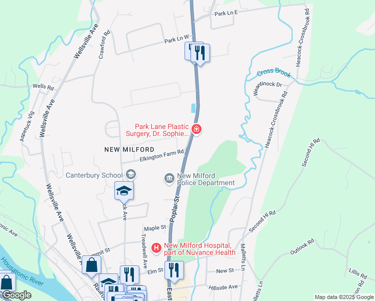 map of restaurants, bars, coffee shops, grocery stores, and more near 1 Park Lane Road in New Milford