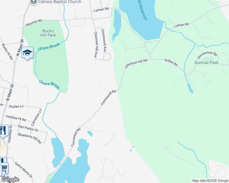 map of restaurants, bars, coffee shops, grocery stores, and more near 30 Chestnut Hill Road in Wolcott