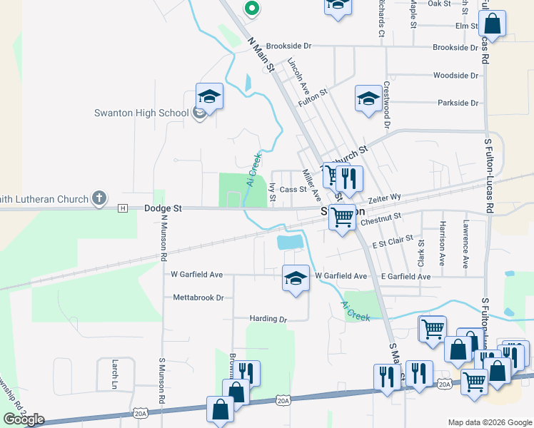 map of restaurants, bars, coffee shops, grocery stores, and more near 303 Dodge Street in Swanton