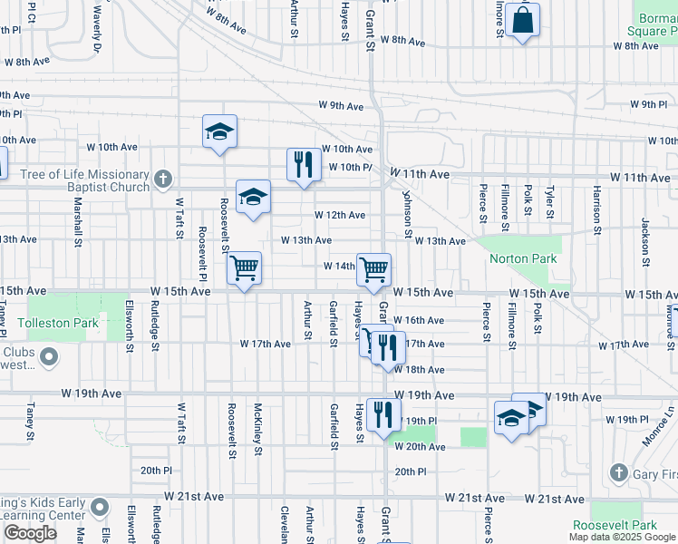 map of restaurants, bars, coffee shops, grocery stores, and more near 1684 West 14th Avenue in Gary