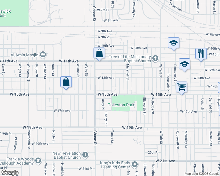 map of restaurants, bars, coffee shops, grocery stores, and more near 1364 Taney Street in Gary