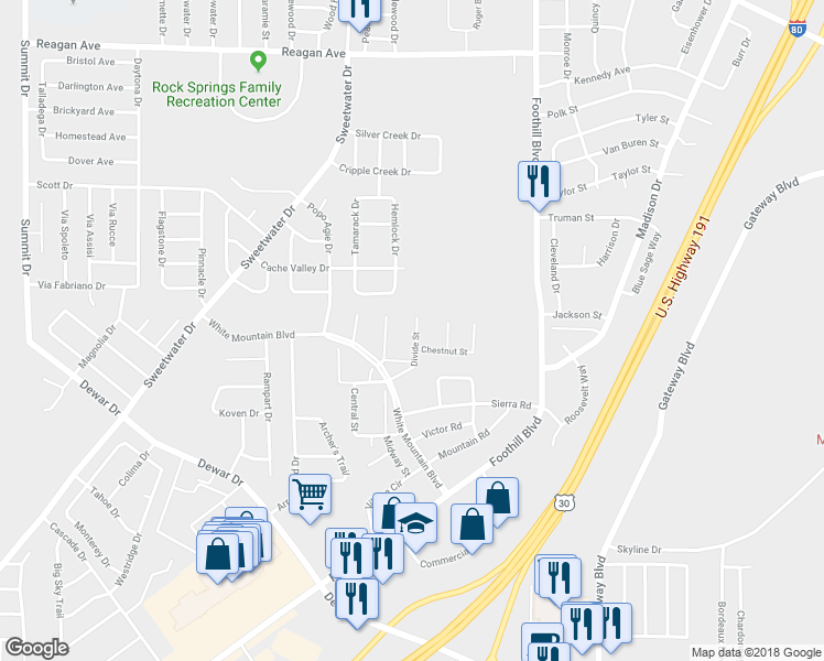 map of restaurants, bars, coffee shops, grocery stores, and more near 1019 Divide Street in Rock Springs