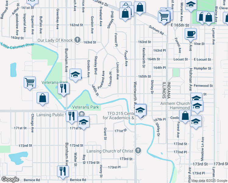 map of restaurants, bars, coffee shops, grocery stores, and more near 1530 Lincoln Avenue in Calumet City