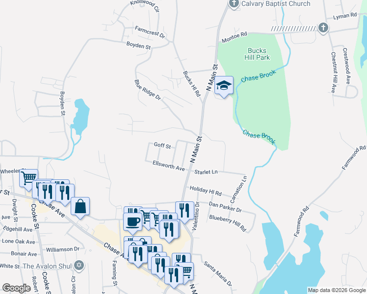map of restaurants, bars, coffee shops, grocery stores, and more near 22 Kimble Avenue in Waterbury