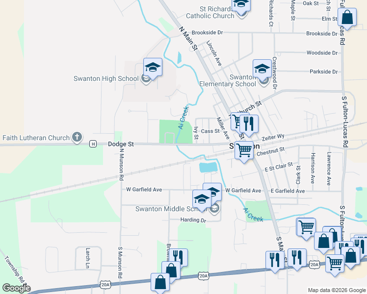 map of restaurants, bars, coffee shops, grocery stores, and more near 303 Dodge Street in Swanton