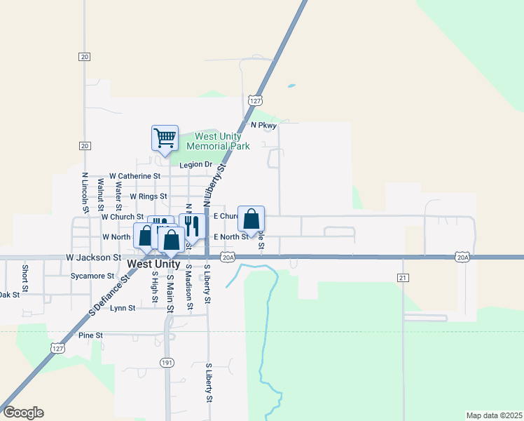 map of restaurants, bars, coffee shops, grocery stores, and more near 501 East Church Street in West Unity