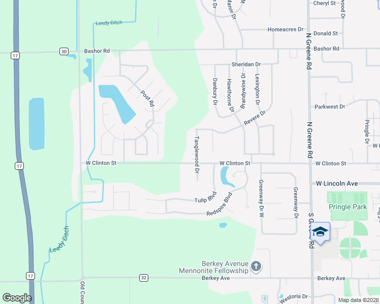 map of restaurants, bars, coffee shops, grocery stores, and more near 211 Tanglewood Drive in Goshen