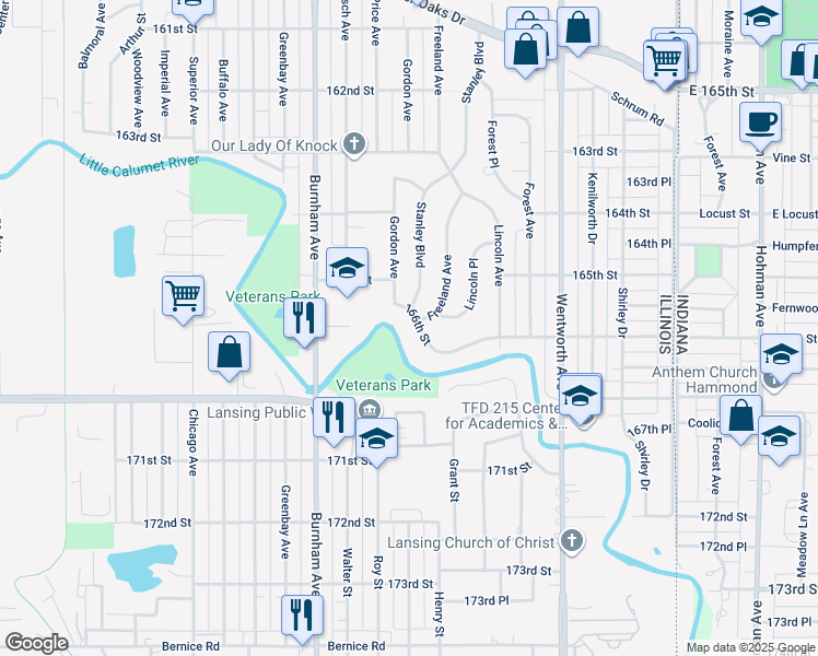 map of restaurants, bars, coffee shops, grocery stores, and more near 1546 Freeland Avenue in Calumet City