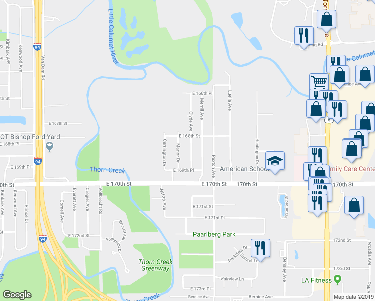 map of restaurants, bars, coffee shops, grocery stores, and more near 16821 Manor Drive in South Holland