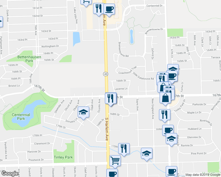 map of restaurants, bars, coffee shops, grocery stores, and more near 16610 Theresa Lane in Tinley Park