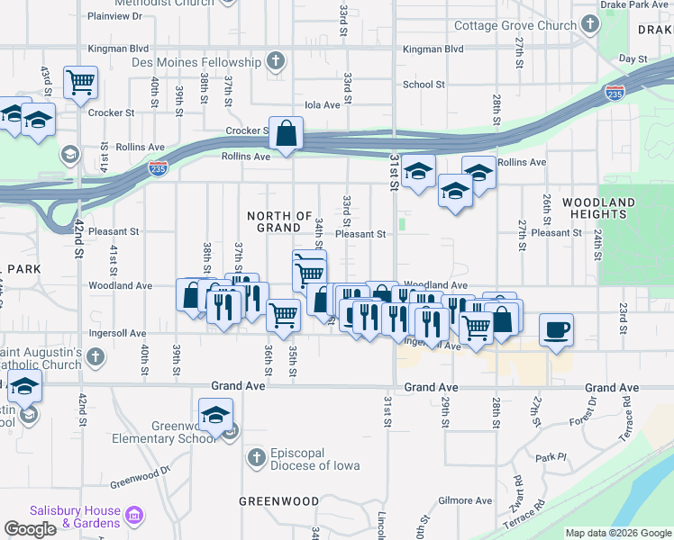 map of restaurants, bars, coffee shops, grocery stores, and more near 665 33rd Street in Des Moines