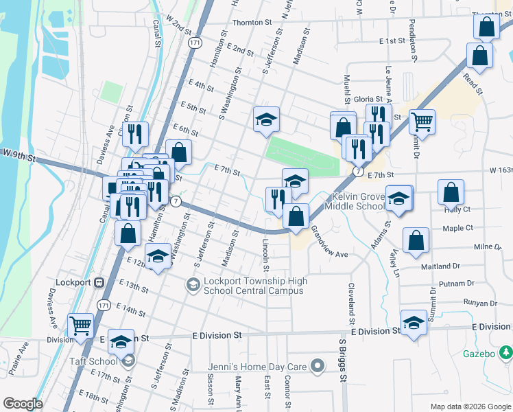 map of restaurants, bars, coffee shops, grocery stores, and more near 704 Madison Street in Lockport