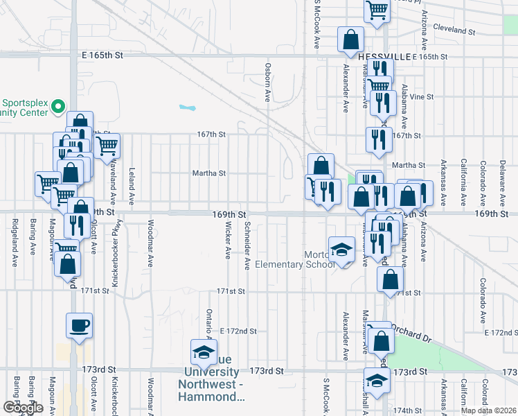 map of restaurants, bars, coffee shops, grocery stores, and more near in Hammond