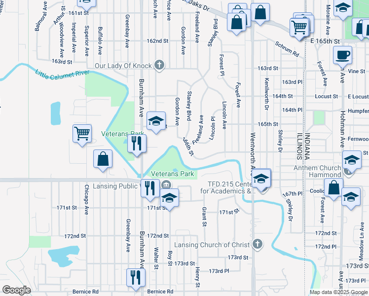 map of restaurants, bars, coffee shops, grocery stores, and more near 1546 Freeland Avenue in Calumet City