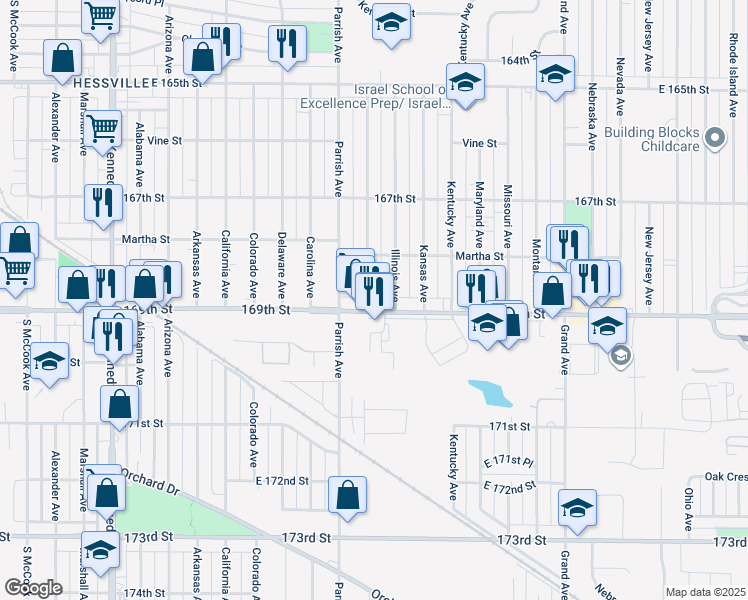 map of restaurants, bars, coffee shops, grocery stores, and more near 6843 Idaho Avenue in Hammond