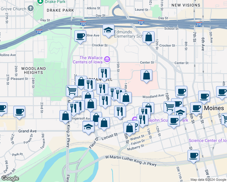map of restaurants, bars, coffee shops, grocery stores, and more near 1501 Woodland Avenue in Des Moines