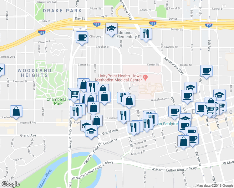 map of restaurants, bars, coffee shops, grocery stores, and more near 1501 Woodland Ave in Des Moines