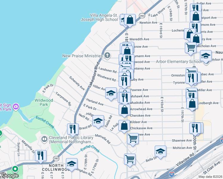 map of restaurants, bars, coffee shops, grocery stores, and more near 18225 Hiller Avenue in Cleveland