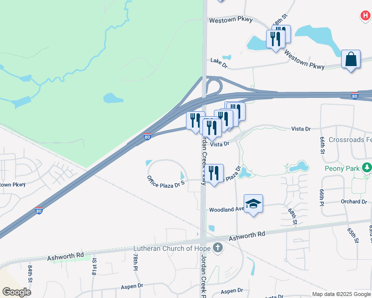 map of restaurants, bars, coffee shops, grocery stores, and more near 1250 Jordan Creek Parkway in West Des Moines