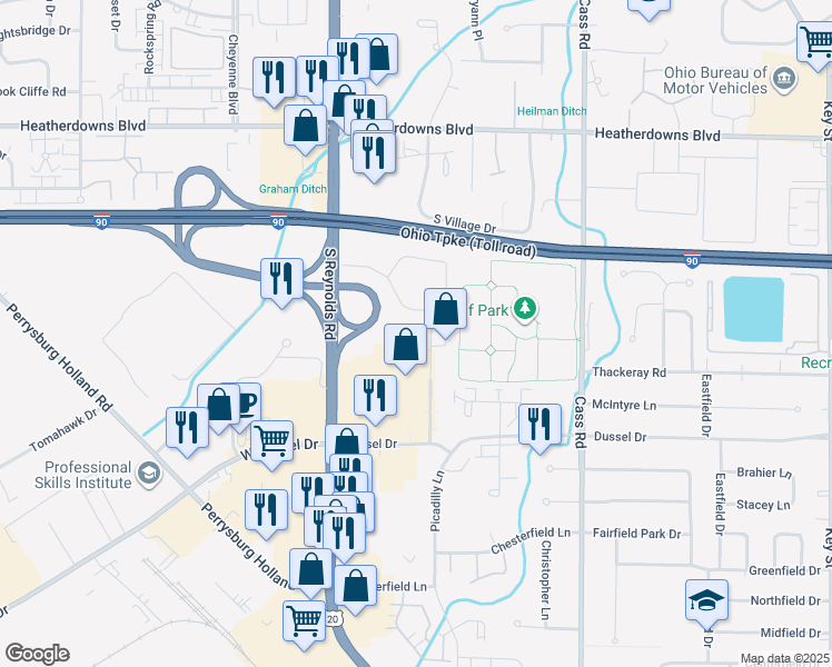 map of restaurants, bars, coffee shops, grocery stores, and more near 1520 Market Place Drive in Maumee