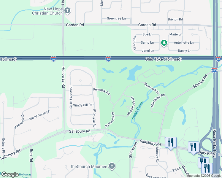 map of restaurants, bars, coffee shops, grocery stores, and more near 6818 Fenwyck Road in Maumee