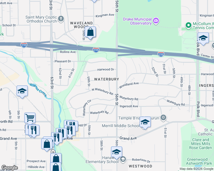 map of restaurants, bars, coffee shops, grocery stores, and more near 671 57th Street in Des Moines