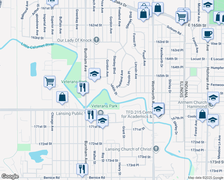 map of restaurants, bars, coffee shops, grocery stores, and more near 395 166th Street in Calumet City
