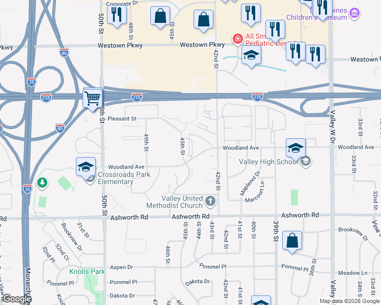 map of restaurants, bars, coffee shops, grocery stores, and more near 4403 Woodland Avenue in West Des Moines