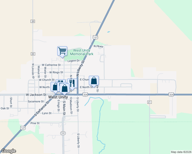 map of restaurants, bars, coffee shops, grocery stores, and more near 501 East Church Street in West Unity