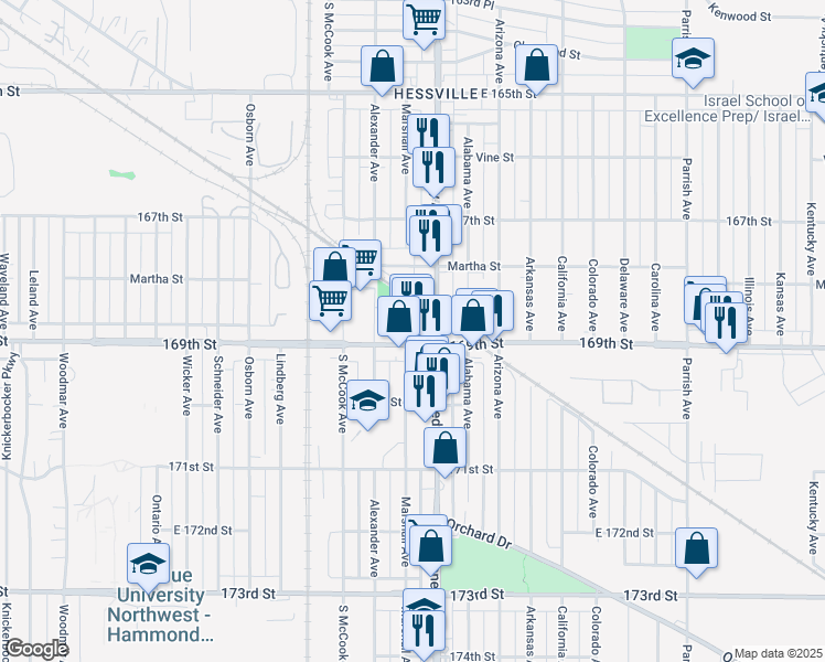 map of restaurants, bars, coffee shops, grocery stores, and more near 2743 169th Street in Hammond