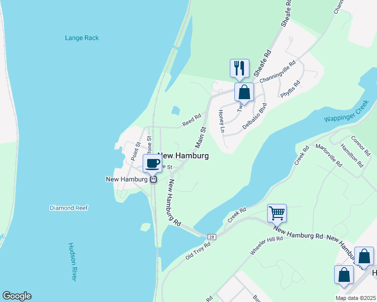 map of restaurants, bars, coffee shops, grocery stores, and more near 51 Main Street in Wappingers Falls