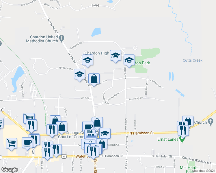 map of restaurants, bars, coffee shops, grocery stores, and more near 114 Downing Drive in Chardon