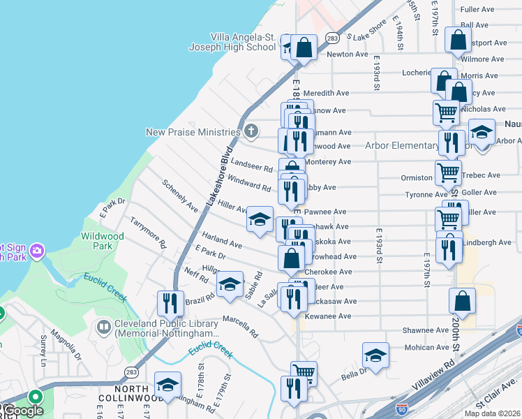 map of restaurants, bars, coffee shops, grocery stores, and more near 18225 Hiller Avenue in Cleveland