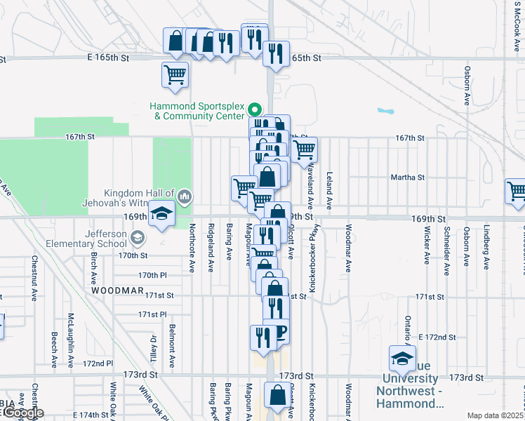map of restaurants, bars, coffee shops, grocery stores, and more near in Hammond