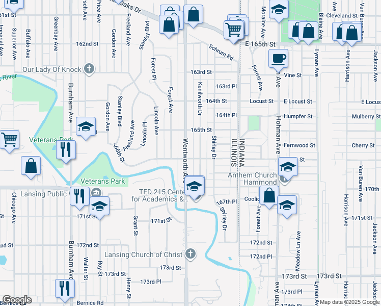 map of restaurants, bars, coffee shops, grocery stores, and more near 1531 Wentworth Avenue in Calumet City