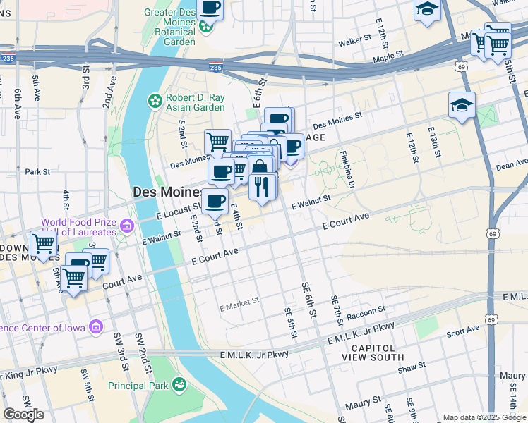 map of restaurants, bars, coffee shops, grocery stores, and more near 309 East 5th Street in Des Moines