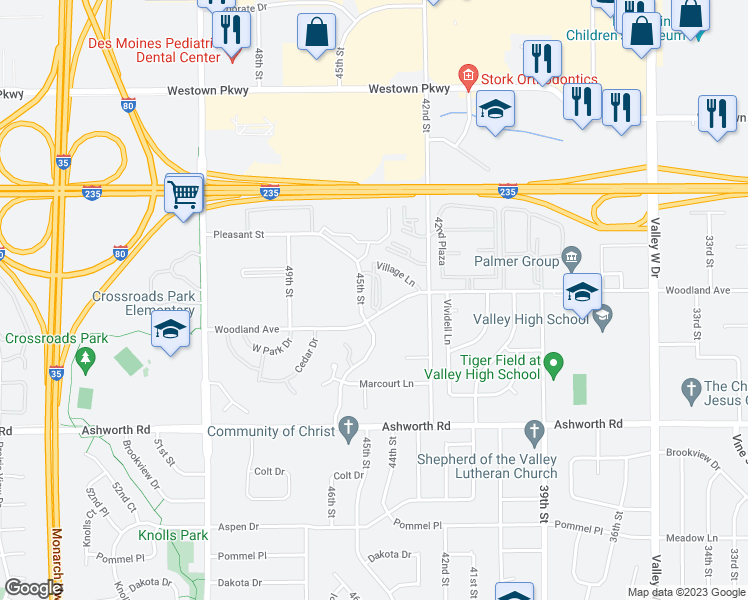 map of restaurants, bars, coffee shops, grocery stores, and more near 4401 Woodland Avenue in West Des Moines