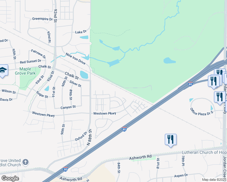 map of restaurants, bars, coffee shops, grocery stores, and more near 11105 Westown Parkway in West Des Moines
