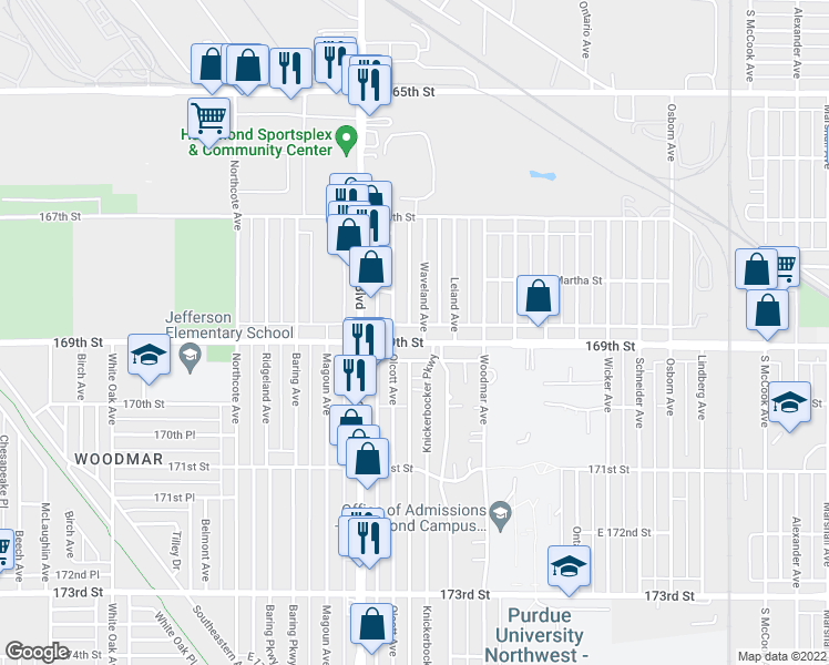 map of restaurants, bars, coffee shops, grocery stores, and more near 2043 169th Street in Hammond