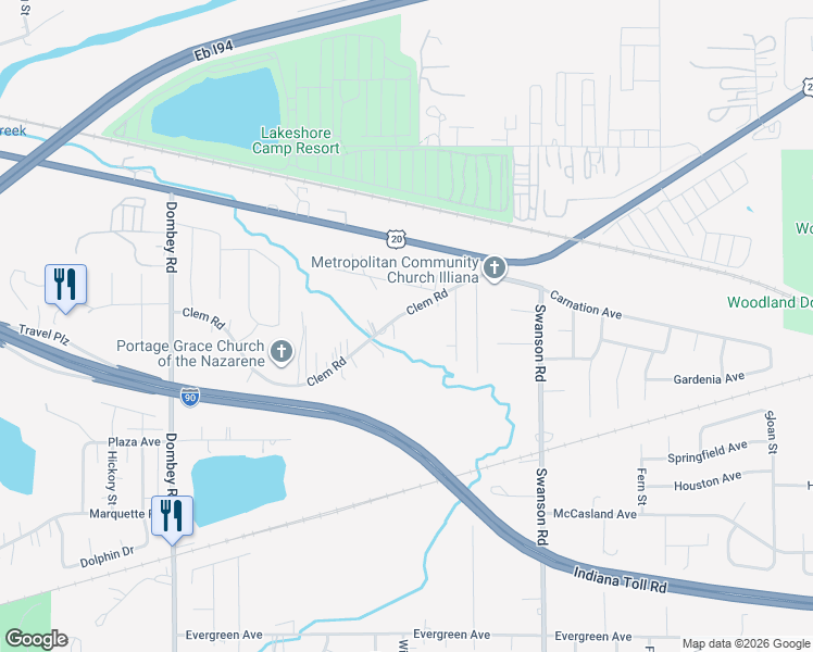map of restaurants, bars, coffee shops, grocery stores, and more near 5487-5577 Clem Rd in Portage