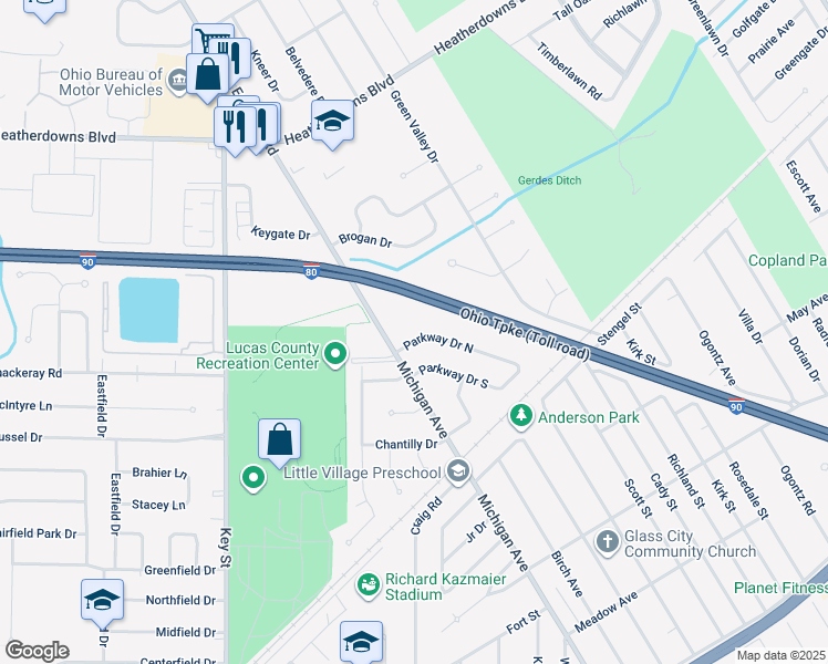 map of restaurants, bars, coffee shops, grocery stores, and more near 1713 Parkway Drive North in Maumee