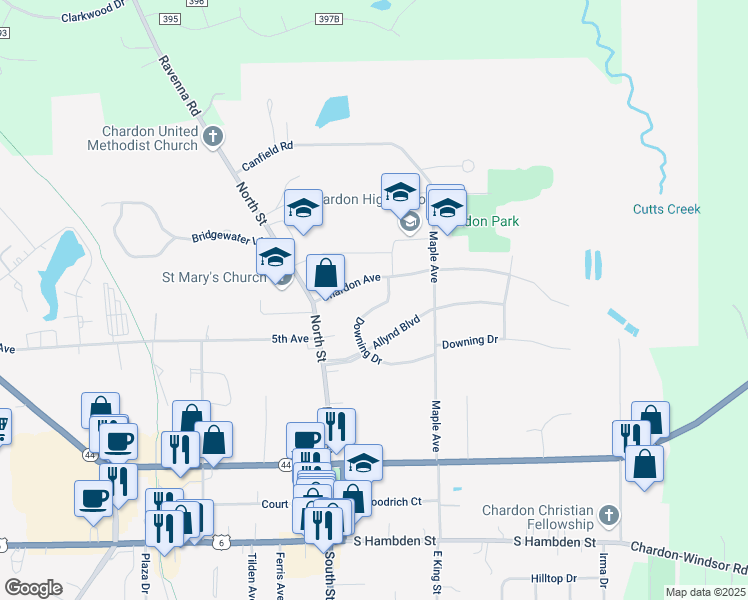 map of restaurants, bars, coffee shops, grocery stores, and more near 114 Downing Drive in Chardon