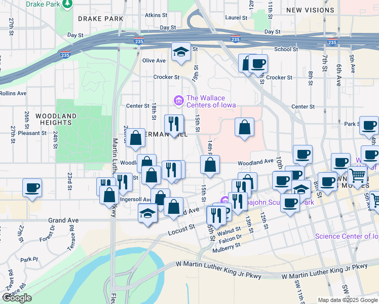 map of restaurants, bars, coffee shops, grocery stores, and more near 1501 Woodland Avenue in Des Moines