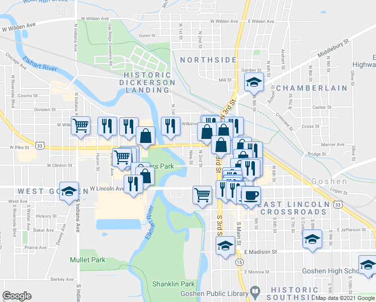 map of restaurants, bars, coffee shops, grocery stores, and more near 410 West Pike Street in Goshen
