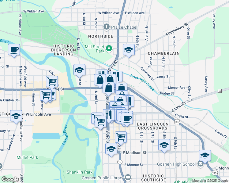 map of restaurants, bars, coffee shops, grocery stores, and more near in Goshen