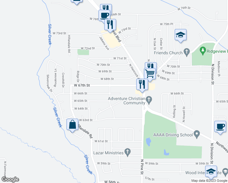 map of restaurants, bars, coffee shops, grocery stores, and more near 2754 West 66th Street in Davenport