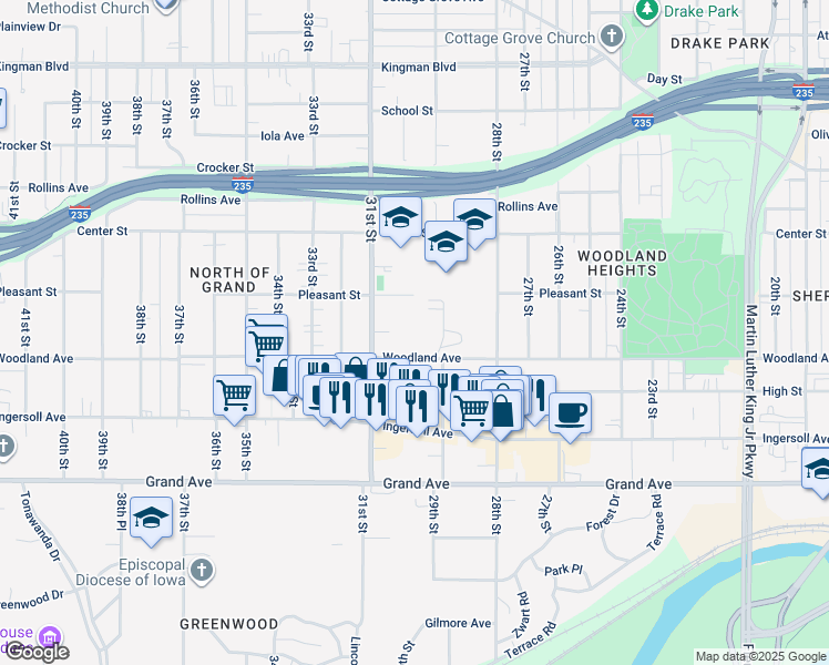 map of restaurants, bars, coffee shops, grocery stores, and more near 2925 Woodland Avenue in Des Moines