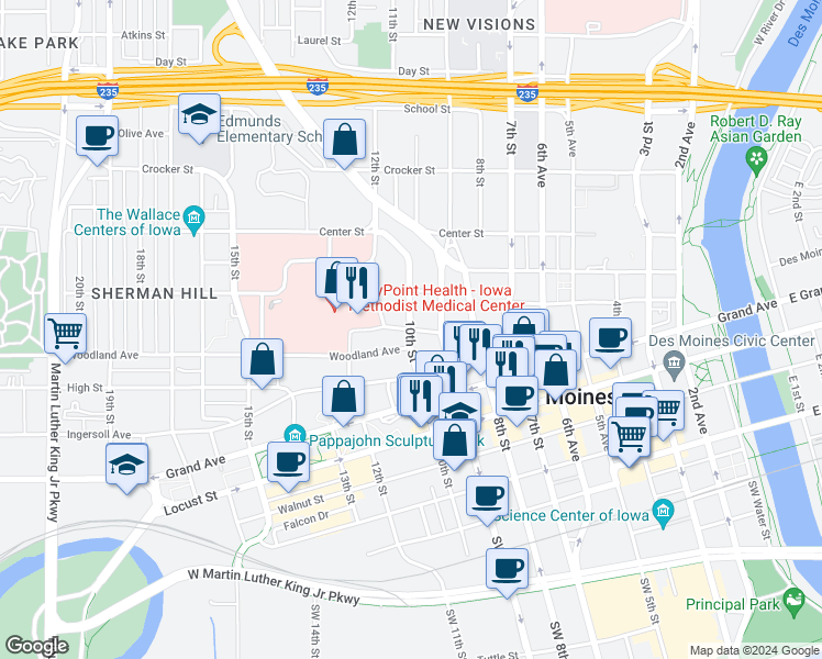map of restaurants, bars, coffee shops, grocery stores, and more near 10th Street & Pleasant Street in Des Moines