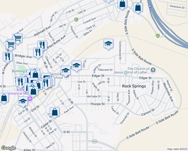 map of restaurants, bars, coffee shops, grocery stores, and more near 1126 Edgar Street in Rock Springs