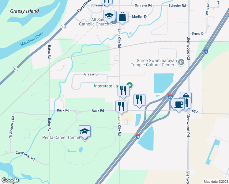 map of restaurants, bars, coffee shops, grocery stores, and more near 822 Lime City Road in Rossford
